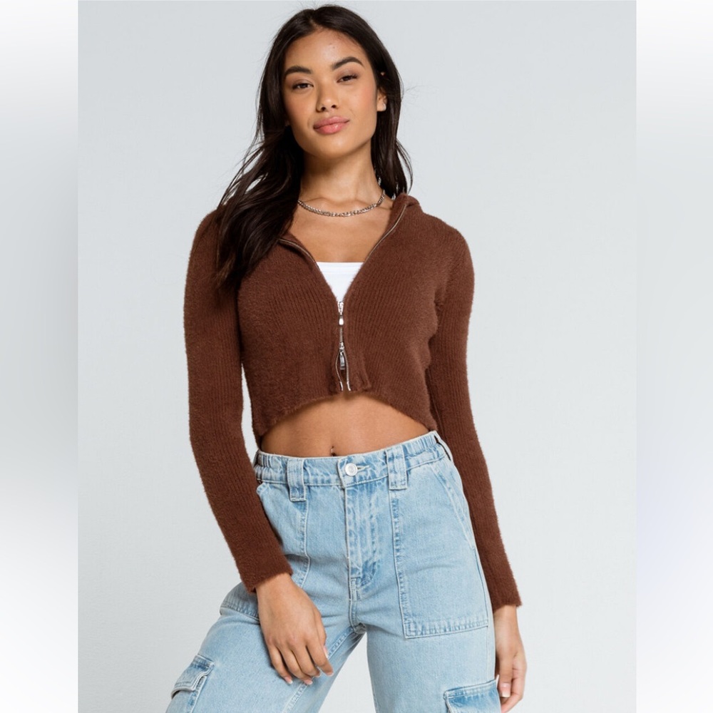 BDG Urban Outfitters Fluffy Zip Hoodie. Soft and fuzzy ribbed knit sweatshirt